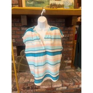 DKNY Striped Split Neck Popover Blouse Pastel Blue Pink Cap Sleeve Top Size L